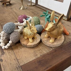 Gold Bunny Figurine Pair on Wood Bases/ Easter garland and carrots 🥕